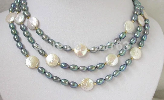 HOT 0015498 Nice 50&quot white coin black rice Pearl Necklace | Украшения и аксессуары