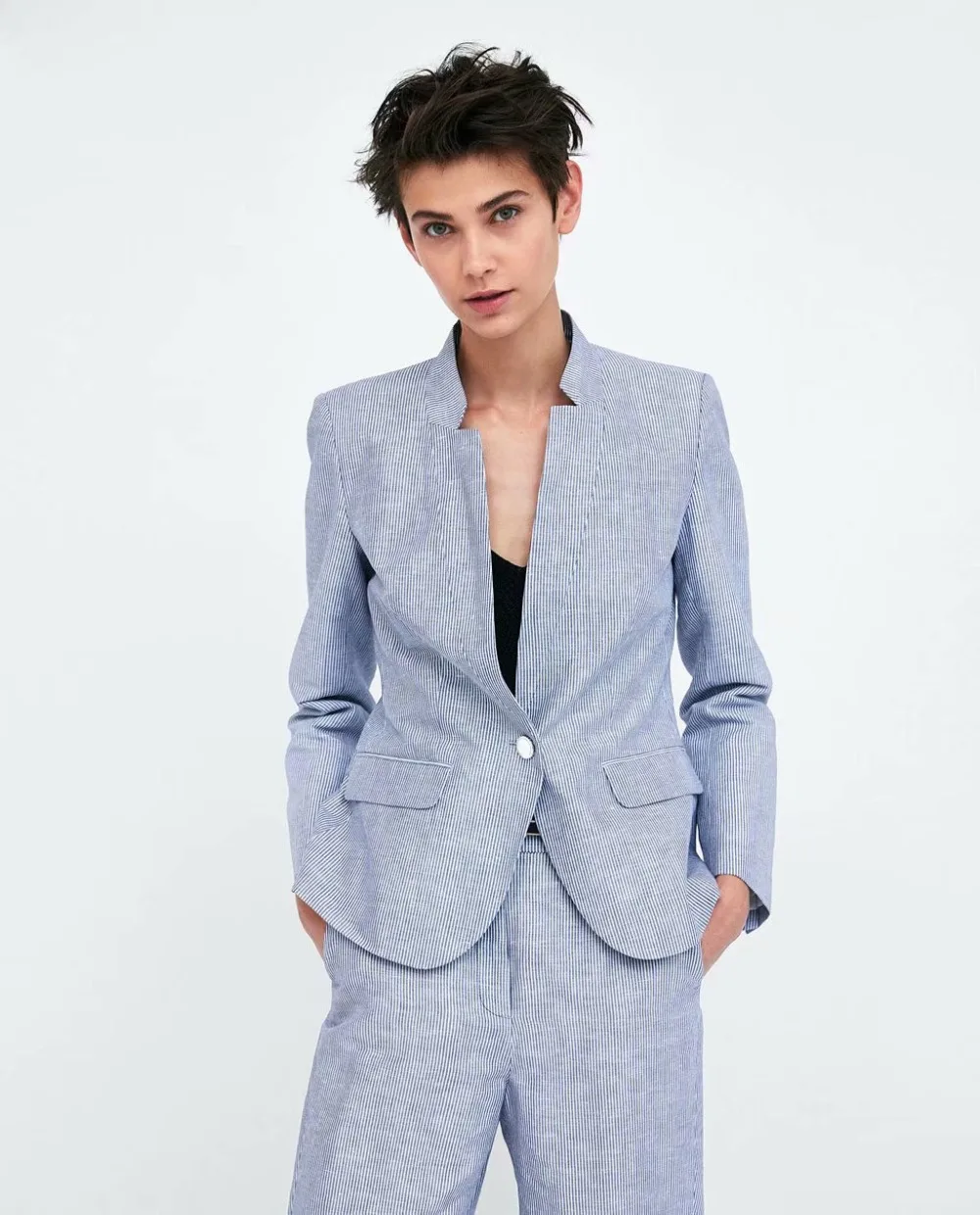 Navy Stripe Neutral Women's Pants Suits Normcore Minimalist Suits Cool