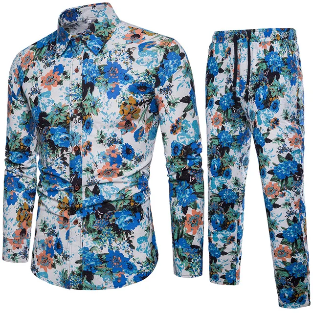 2018 Spring Summer New Style Fashion Floral Print Men’s Set Shirt+Pant Casual Shirts Suits Cotton Linen Material Plus Size 5XL