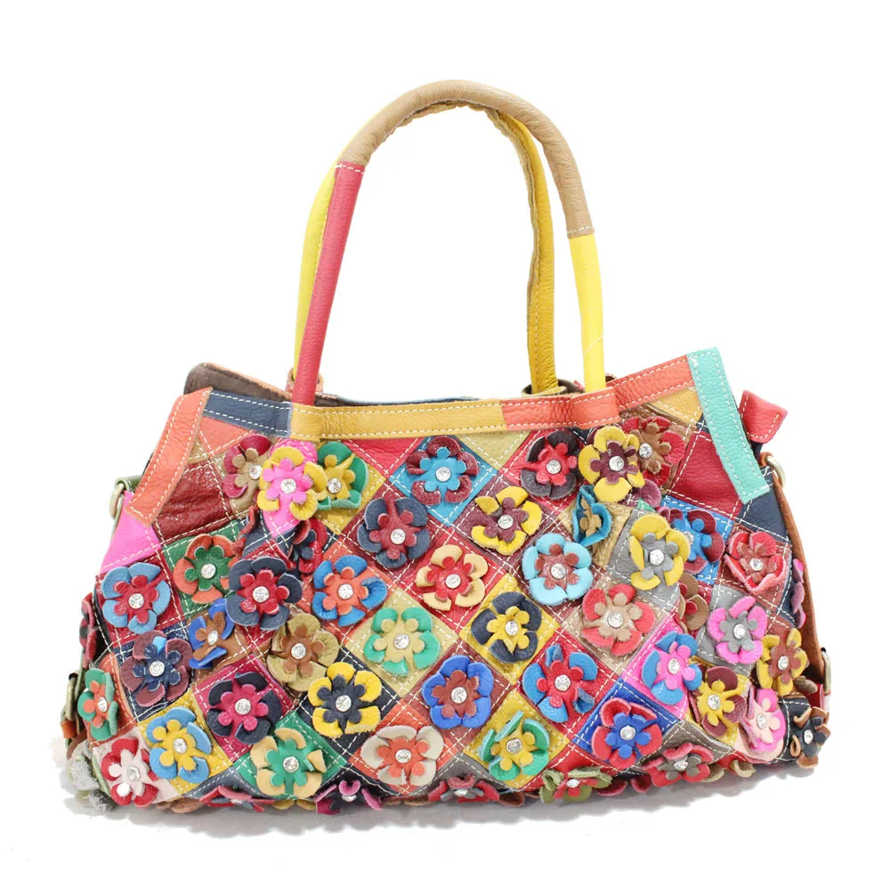 

2019 genuine leather flower patchwork women's handbag first layer of cowhide color block female shoulder bag diamond bag