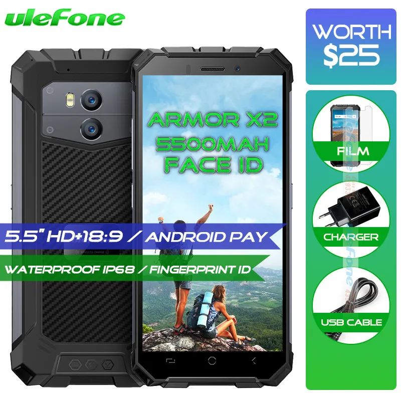 Ulefone Броня X2 Водонепроницаемый IP68 3g смартфон 5,5 "HD 4 ядра Android 8,1 2 GB + 16 GB NFC Face ID 5500 mAh Dual Cam мобильного телефона