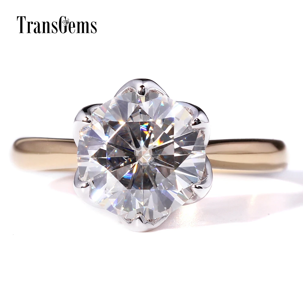 

TransGems 3 Carat F Colorless Moissanite Solitaire Wedding Engagement Ring in 14K Yellow Gold Lotus Setting for Women