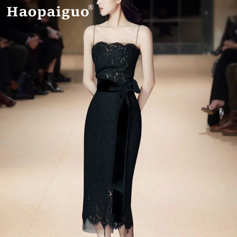 

Europe Style Black Evening Party Dress Summer 2019 Slash Neck Casual Lace Dress Women with Bowtie Spaghetti Strap Sexy Dresses