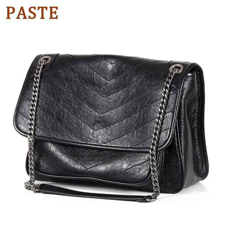 

PASTE Genuine Leather Chain Handbag For Women Large Capacity Vintage Messenger Bags High Quality Ladies Shoulder Crossbody Bags