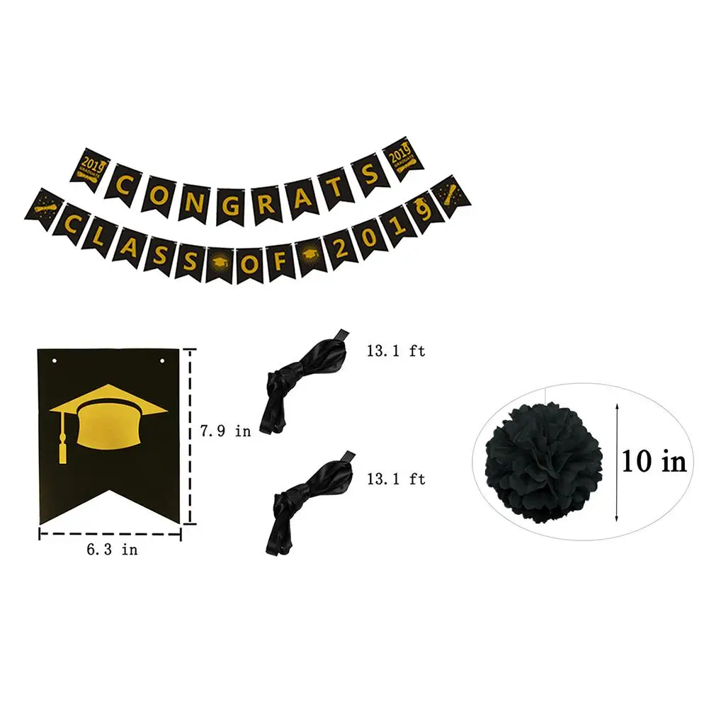 Congrats класс поздравительный баннер выпускника черного золота украшения для выпускного с помпонами Цветы кисточки классные украшения