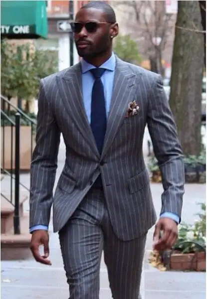 Grey Striped Men Suits Groom Tuxedos 2 Pieces( Jacket+Pants) Groomsmen Best Men Wedding Suit Formal Business Suit