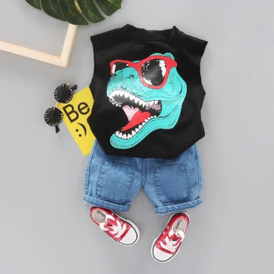 Toddler Boy Clothes Children's Summer New Cartoon Pullover Vest Shorts Two-piece Boy's Children's Sleeveless Vest Suit - Цвет: Черный