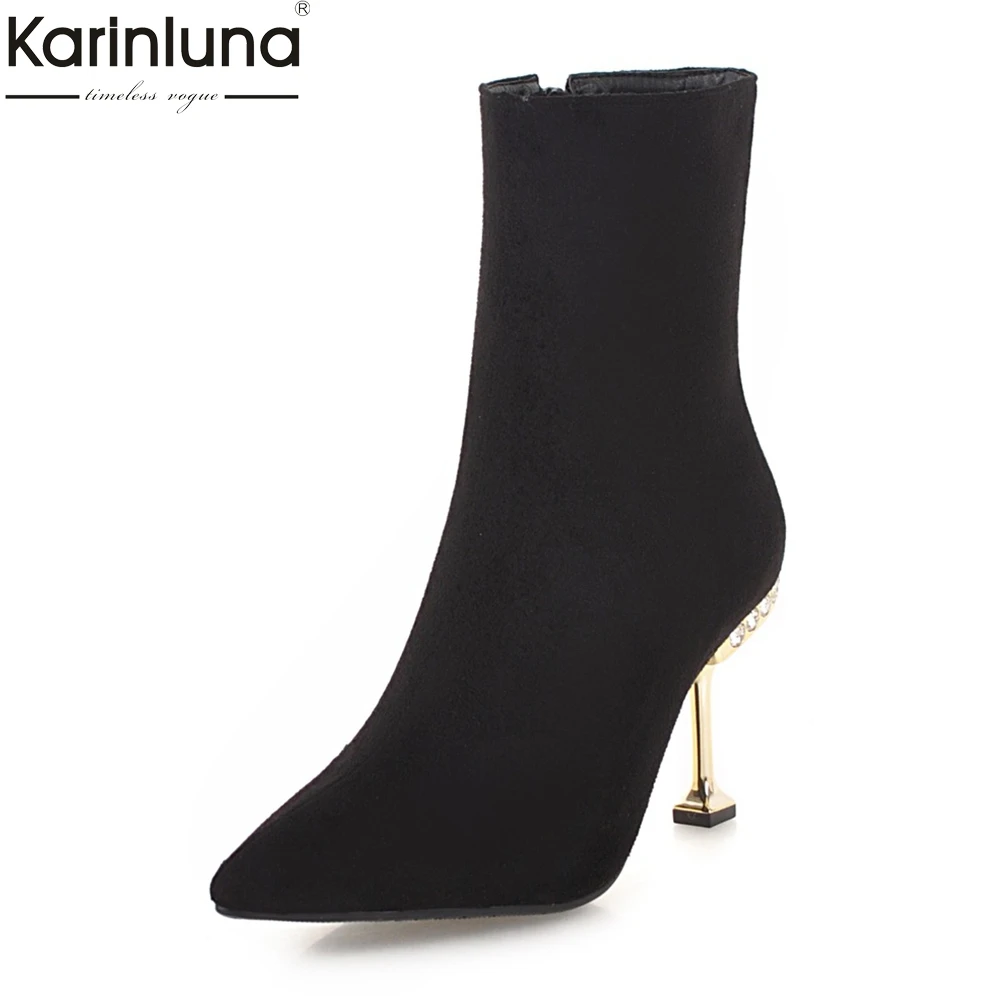 

Karinluna 2018 High Quality Large Size 32-43 Cow Suede leather Pointed Toe Zip Up Shoes Woman High Heels Ankle Boots Women Shoes