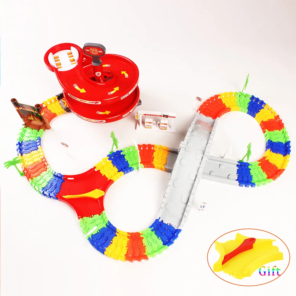 

DIY Assembly Play Park Station Set for Kids Education Magic Glow Tracks Fire Car with BridgeEducational toys for children boy