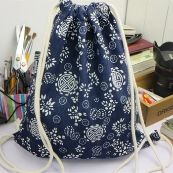

YILE 1pc Cotton Linen Drawstring Travel Backpack Student Book Bag Blue White Flower 1121-2