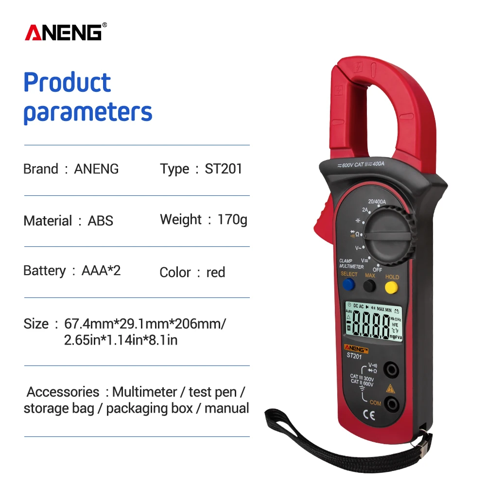 ANENG ST201 Digital Clamp Multimeter Resistance ohm Tester AC DC Clamp Ammeter Transistor Testers Voltmeter d Contact lcr meter