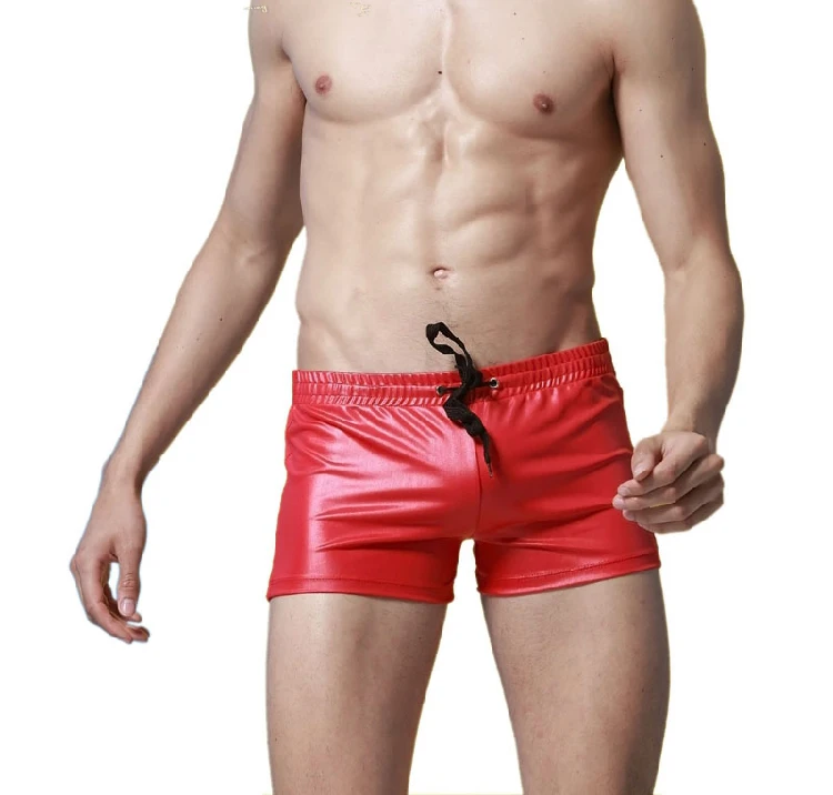 2017 Exclusive Hot Sexy Underwear Male Boxers Faux Leather Latex Short Boxer Wetlook Lace-up Jockstrap Fetish Gay Men Underwear 3