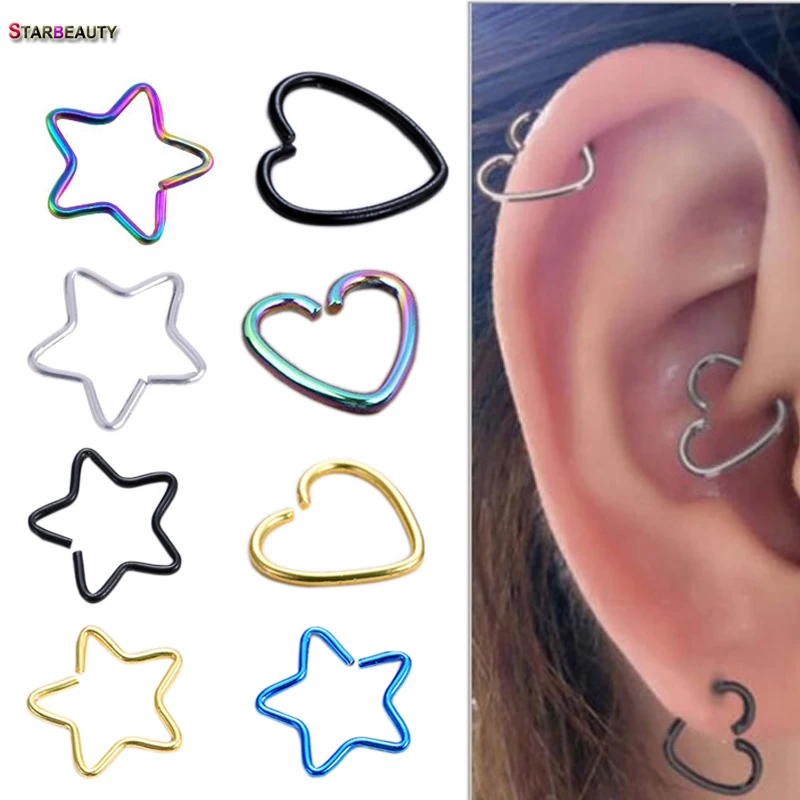 Us 0 52 41 Off 2pcs Heart Star Shaped Fake Tragus Piercings Hoop Helix Cartilage Tragus Daith Ear Studs Lip Nose Rings Piercing Silver Jewelry In