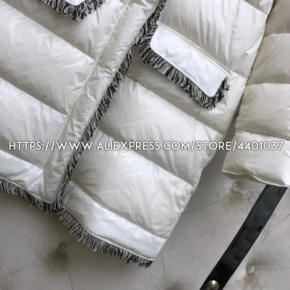 Down Jacket Coat Women 2018 Fall Winter White and Black Puffer Jacket Long Bubble Coat with Tweed Tassels Decorated Edge