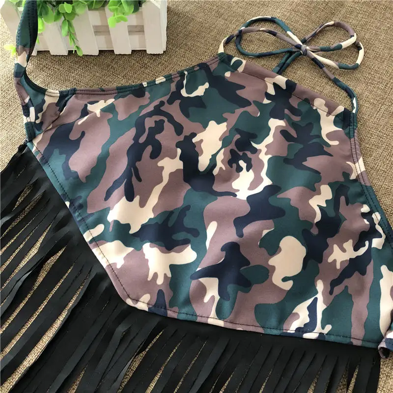 Камуфляжный бандажный купальный костюм Холтер армейский зеленый бикини с кисточками Камуфляжный комплект бикини купальник цвета хаки женский купальный костюм Plavky