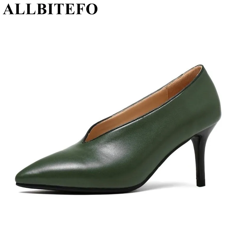 

ALLBITEFO 3 colors genuine leather pointed toe high heels office ladies shoes fashion high heel shoes women pumps Sra zapato