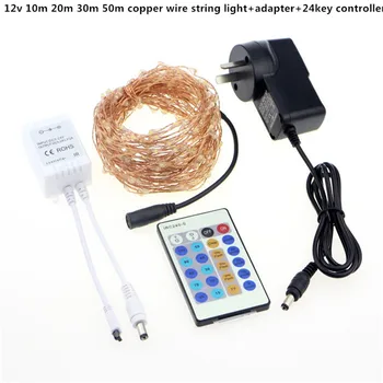 

12v 10m 20m 30m 50m copper wire string light+12v 1A 12W adapter+24key controller waterproof christmas wedding garden decoration