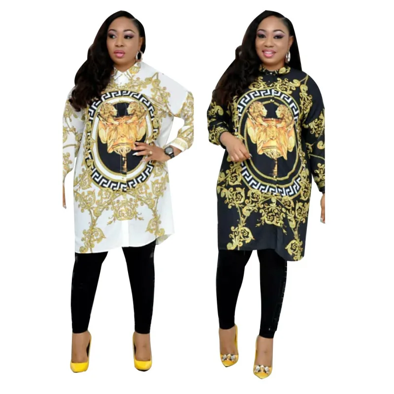 

Dress Women Gold Lion Print Shirts Casual Loose Shirt Dresses Casual 3/4 Sleeve Shirt Dress Black White