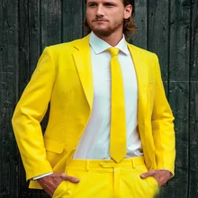 Изготовленные На Заказ Модные смокинги для жениха желтого цвета на одной пуговице мужские костюмы деловые повседневные однотонные куртки+ брюки