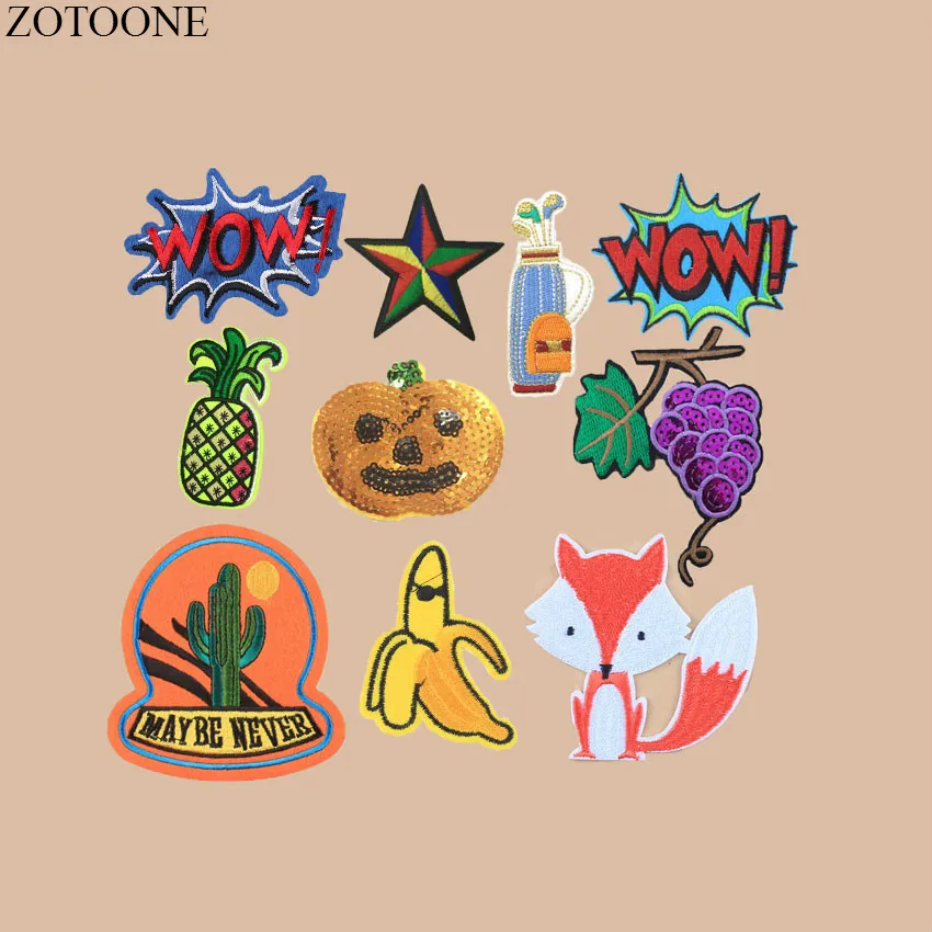 

Prajna 1Pcs Cartoon Fox Patch WOW Letter Embroidered Patches For Kids Clothing Grape Pumpkin Sequins Patch Iron On Clothes HatA2