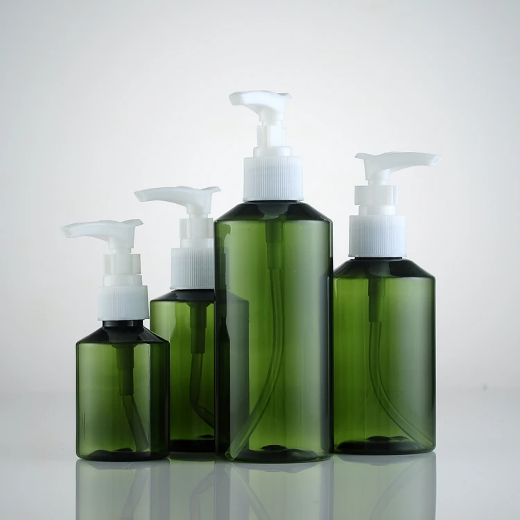 

40pcs 50ml 100ml 150ml 200ml Plastic Bottles, Green PET Dundee Ovals with Lotion Pumps plastic shampoo bottle wholesale