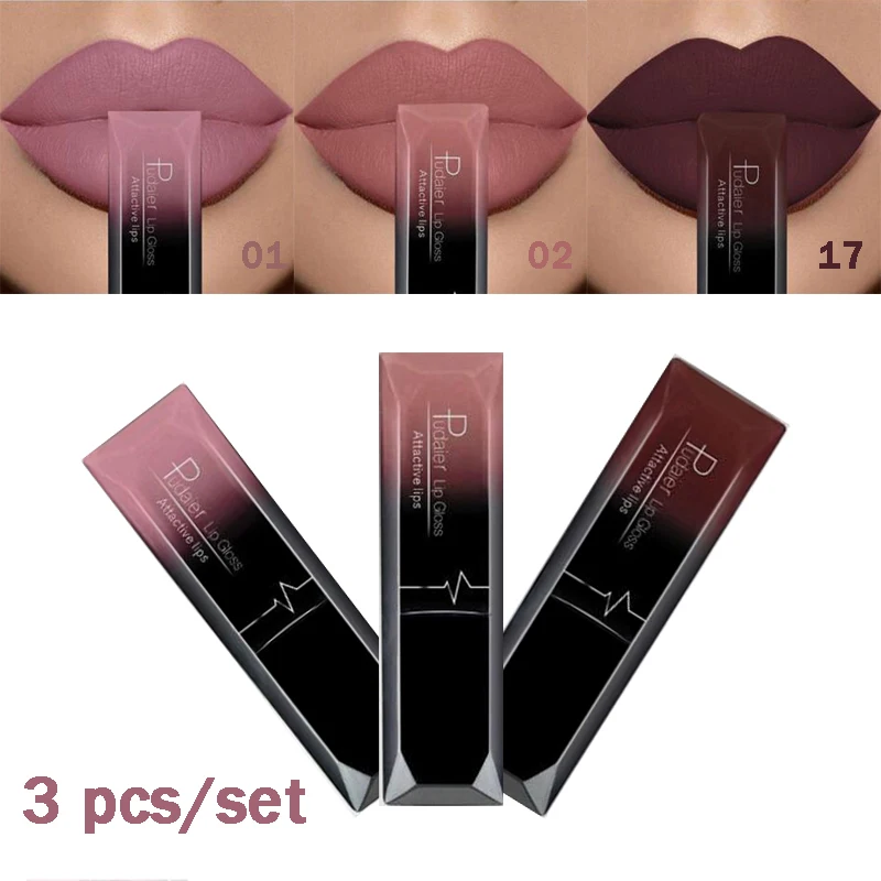 

3 Pcs/set Pudaier New Pigment Matte Liquid Lipstick Set Waterproof Dark Red Lipgloss Set Beauty Makeup Cosmetic kit