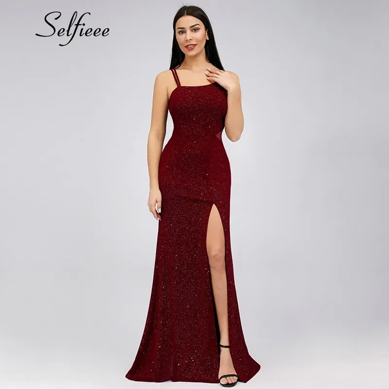 

Sexy Burgundy Women Dresses Mermaid Beaded Spaghetti Straps Bodycon High Split Summer Dresses Ladies Party Maxi Dresses 2019