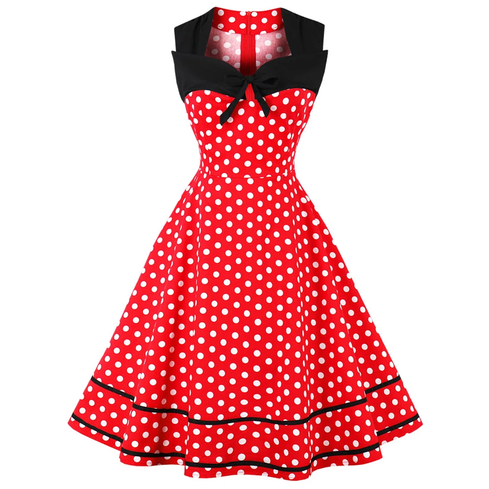 

Joineles Patchwork Polka Dot Print Women Vintage Dress Bowknot Elegant Style Sleeveless Summer Party Dress Cotton Retro Vestidos