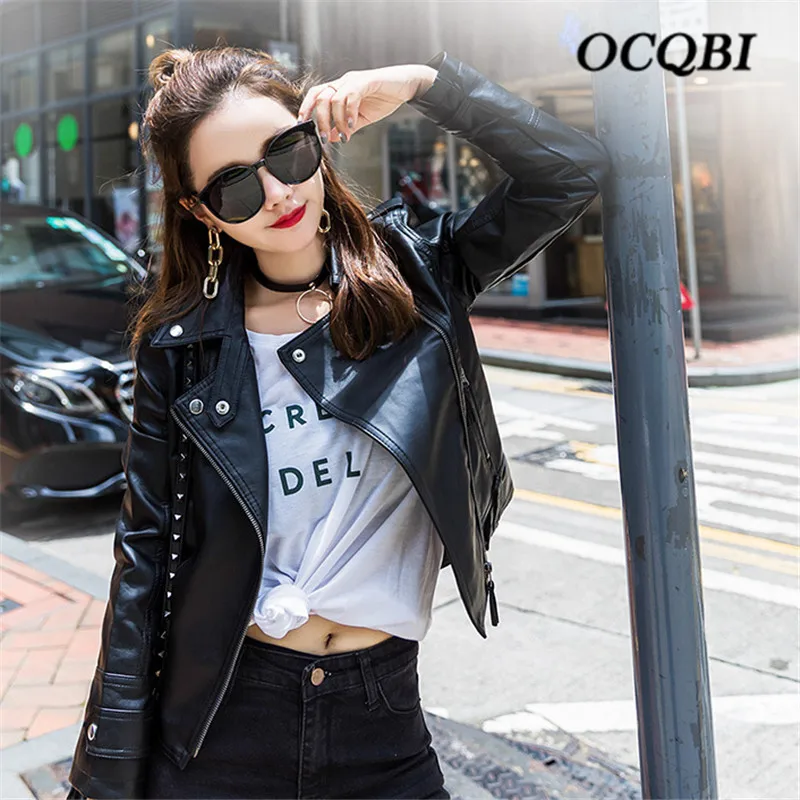 Motorcycle PU Streetwear Women Bomber Leather Spring Crop Parkas Black