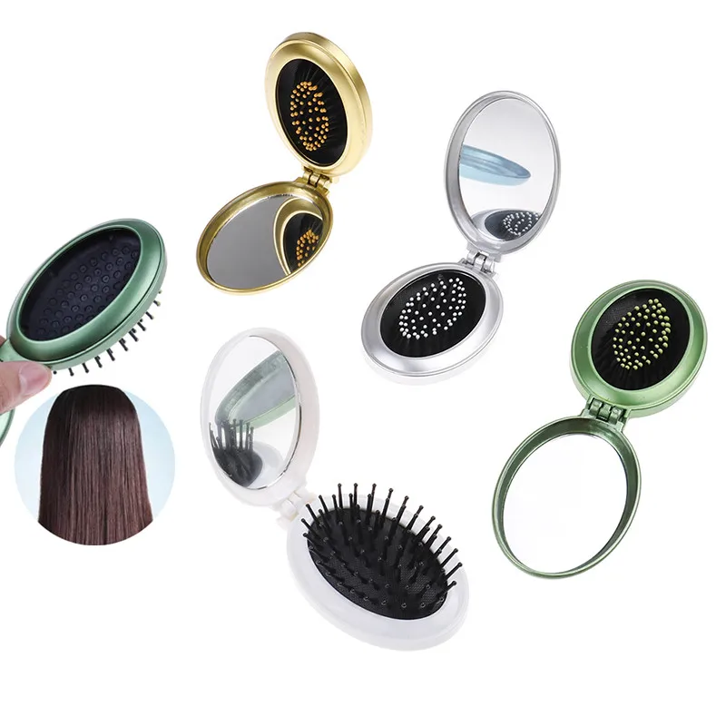 Anti-static Portable Round Pocket Small Size Travel Massage Folding Comb Girl Detangling Hair Brush With Mirror Styling Tools