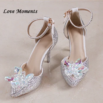 

Female crystal bride shoes thin heels pointed toe banquet bridesmaid princess sandals 8cm heel plus size Womens Wedding shoes