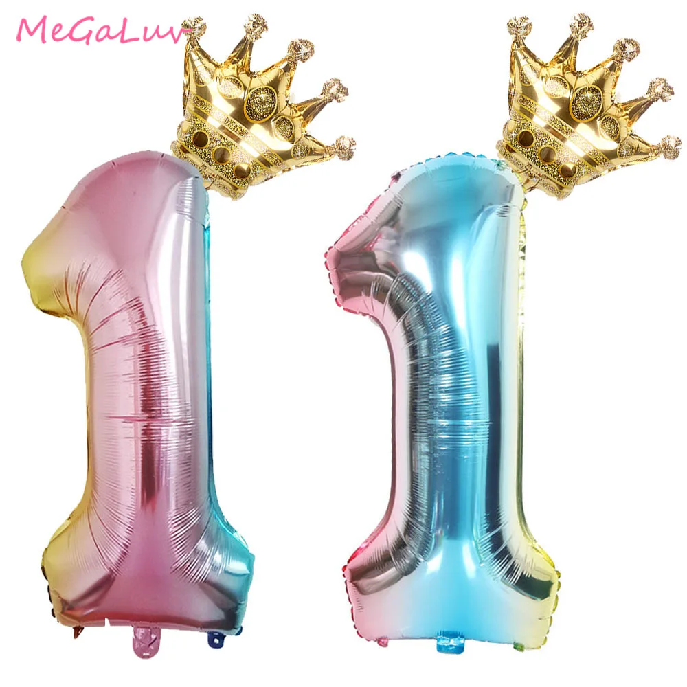 

2pcs 32 Inch Rainbow Number Balloons with Gold crown Baloons 0-9 Birthday Party First Birthday Party Decorations Kids Globos