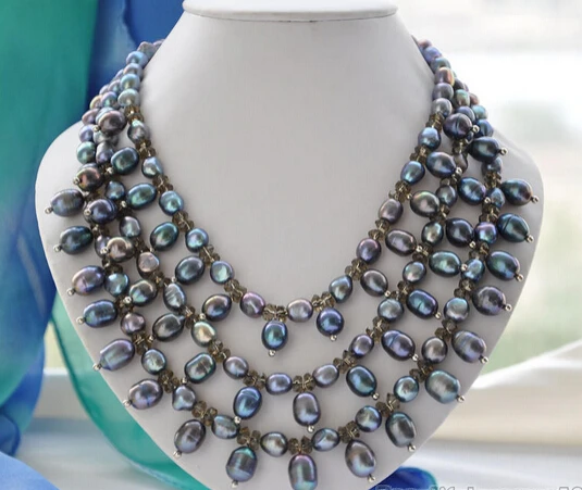 

huij 001452 3strands 12mm black rice freshwater faceted crystal necklace 19inch
