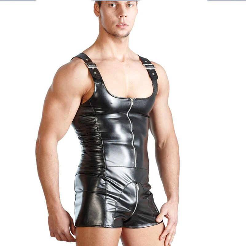 

XXL Black PU Leather Sexy Clubwear Men Zipper Open Crotch Spandex Catsuit Bodysuit Erotic Costume Sexy Lingerie for Men