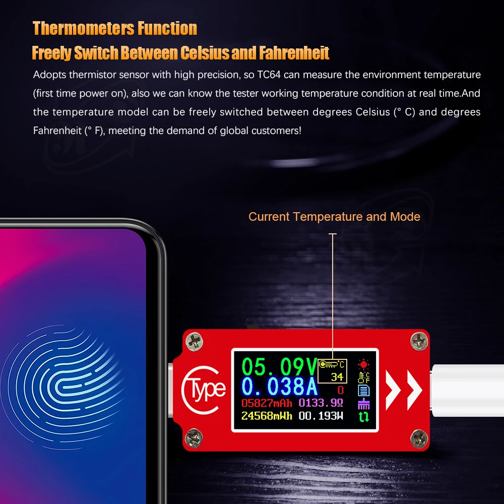 TC64 тип-c цветной ЖК-дисплей USB Вольтметр Амперметр Напряжение измеритель тока мультиметр батарея PD Зарядка банк питания USB Тестер