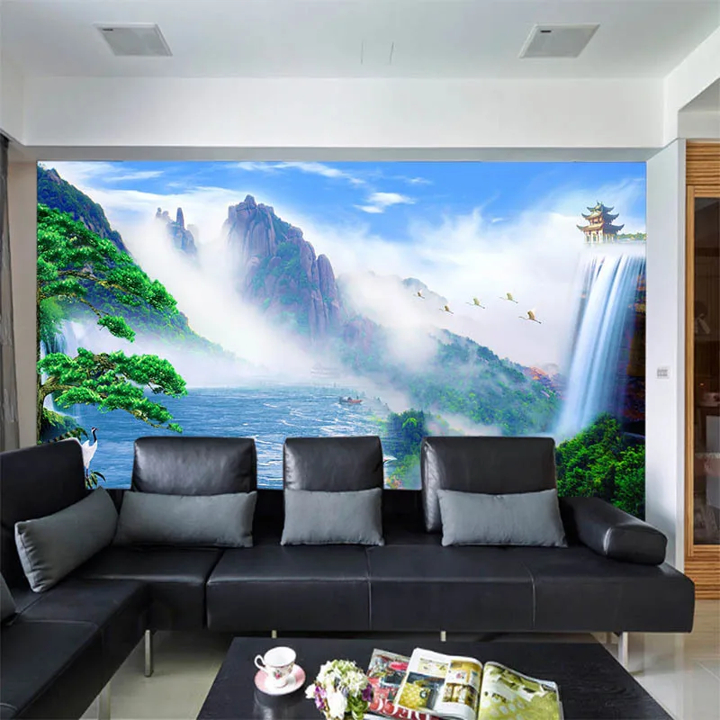 

3D non-woven wallpaper Chinese style living room TV background wall paper greeting pine mural landscape film wall cloth