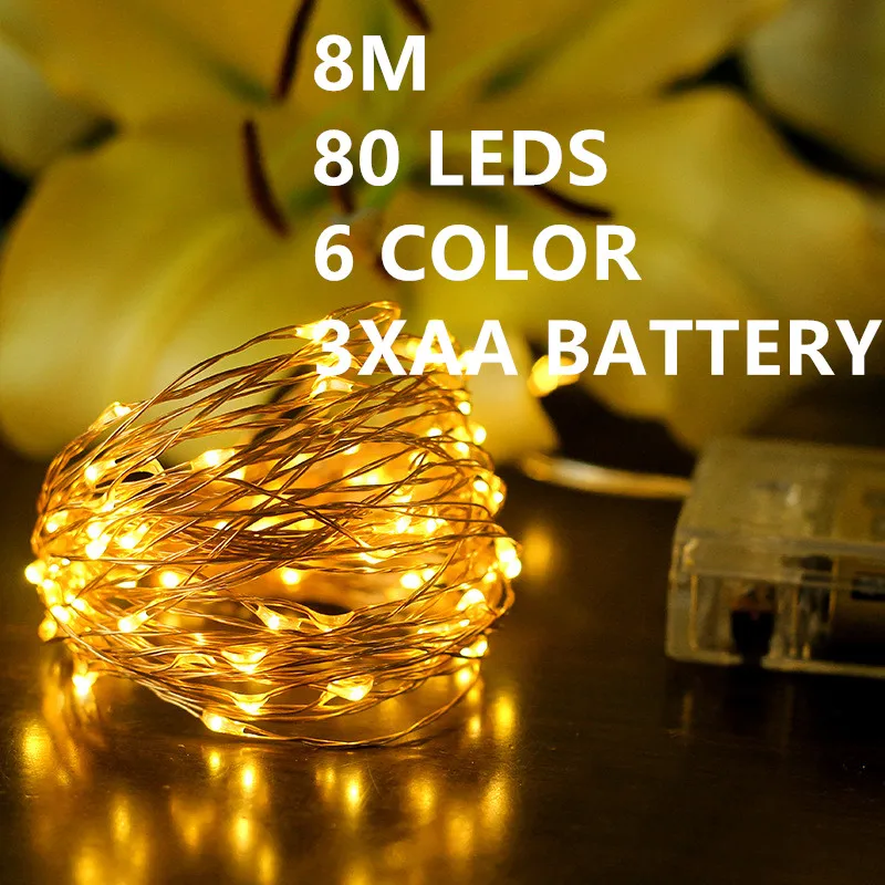 6 color 8M 80leds Fairy font b String b font Lights lamp 3AA Battery Operated Mini
