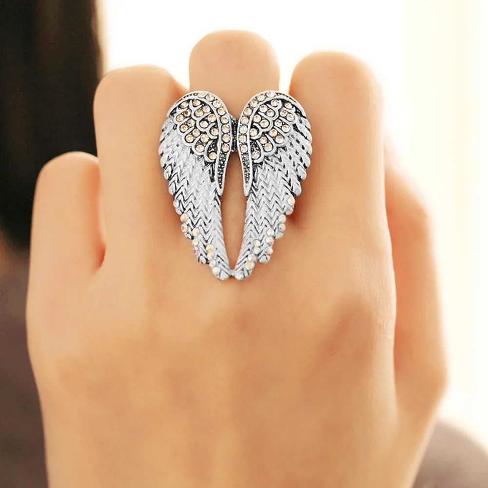 Angel Wings Stretch Ring Women Biker Bling Ring Antique Gold