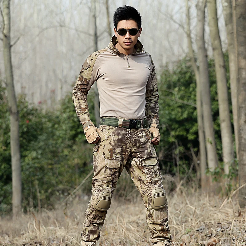 Mens Military Uniforms Cs Game Army Black Tactical Pants Outdoor Hiking Hunting Shirt Long Sleeve Airsoft T Shirt With Knee Pads