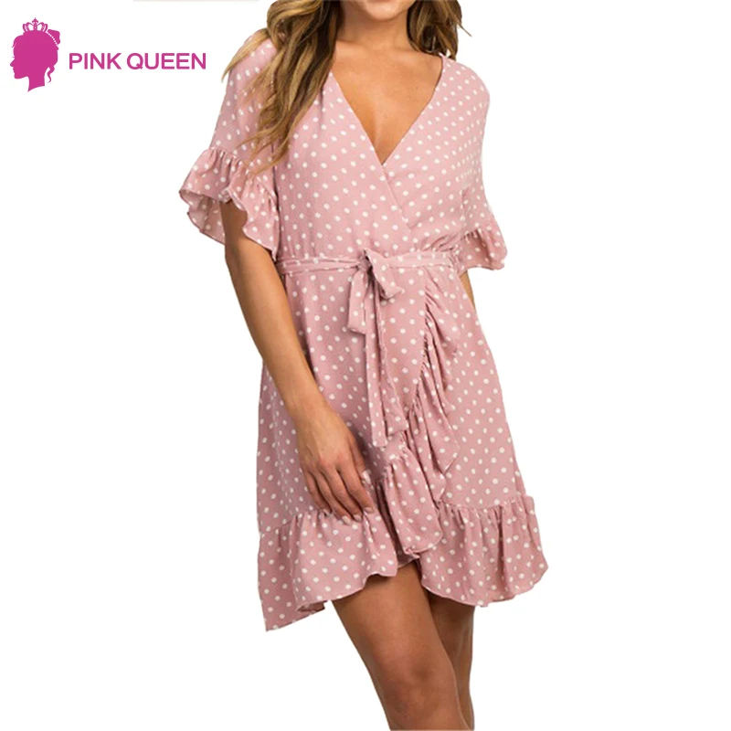 

Summer Polka Dot Chiffon Dress 2019 Boho Ruffles Beach Dress Fashion Short Sleeve V-neck A-line Midi Party Dress Sundress Vestid