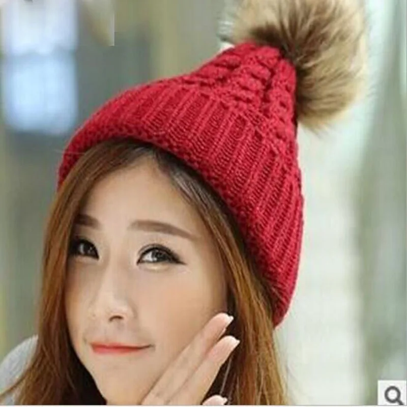 

Free shipping 2016 new High-grade rabbit fur ball knitted warm hat wool cap Keep warm pointy hat woman beanie