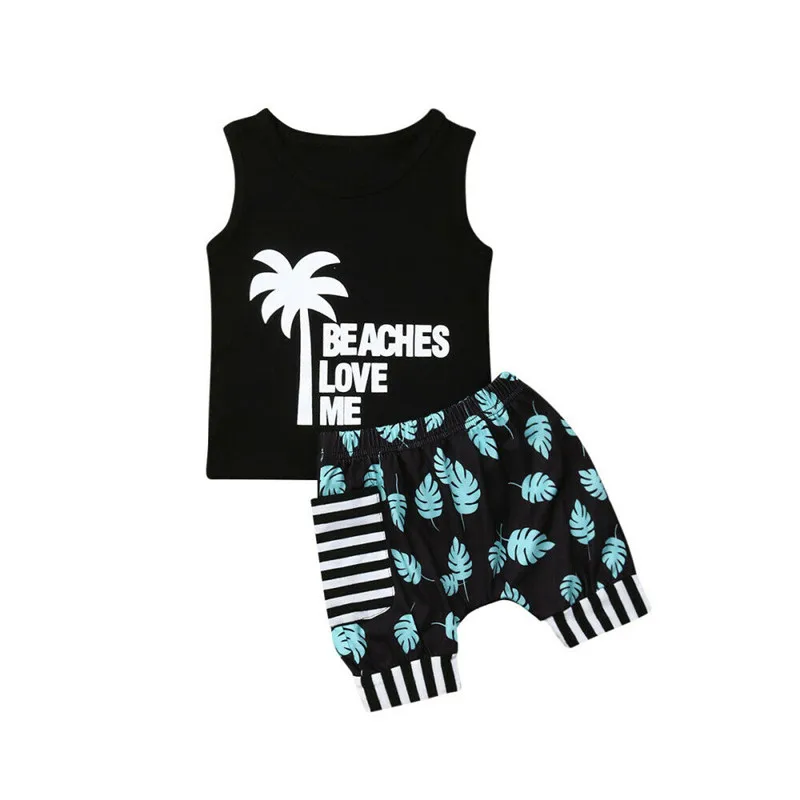

Summer Boho Kids Baby Boy Clothing Sets Coconut Tree Printed 2Pcs Boy Outfits Letter Tank Tops Vest Pocket Shorts 0-5Y