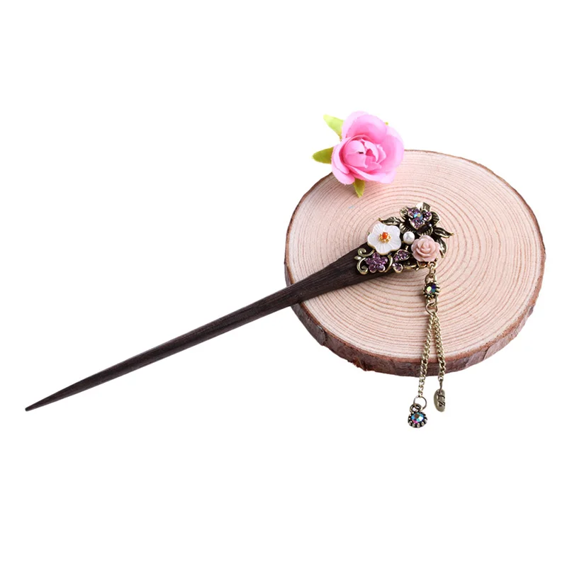 1 шт. Женские винтажные деревянные палочки для волос, Стразы ручной работы, цветок, дерево - Окраска металла: purple