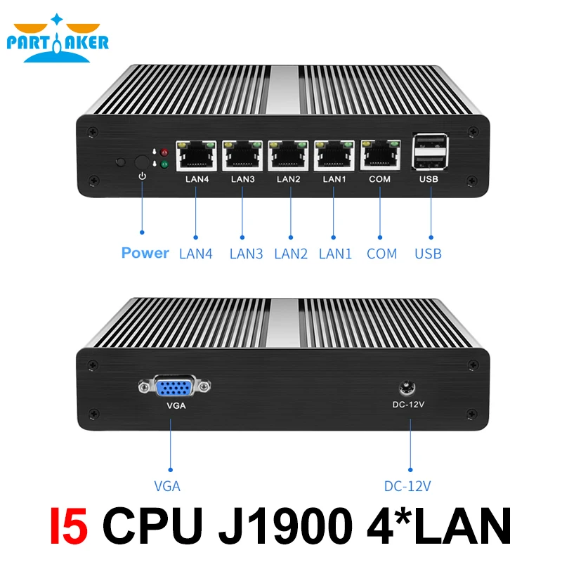 Partaker Mini PC Mini Server Pfsense OS J1900 Čtyřjádrový 4 LAN 1080P 12V Mini stolní počítač Router Server