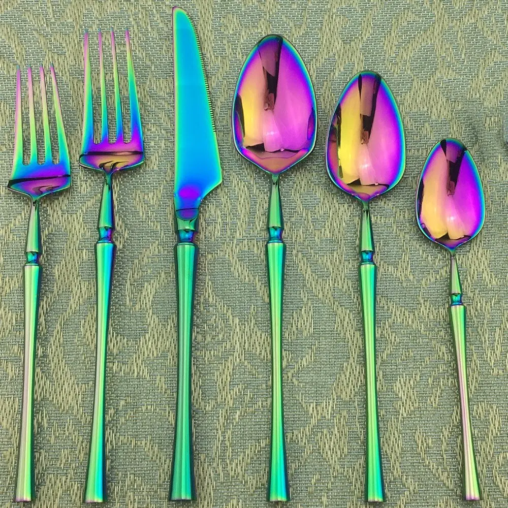 

Unique 4/5/6 Pieces Iridescent Silverware Sets 18/10 Stainless Steel Utensils Rainbow Tableware Set Dinner Dessert Fork Teaspoon