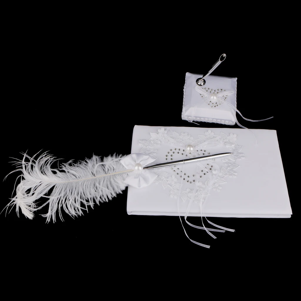 Guest Book Pen Wedding Heart White Reception Guest Book Feather Bowknot Pen and Stand Set Party Supplies