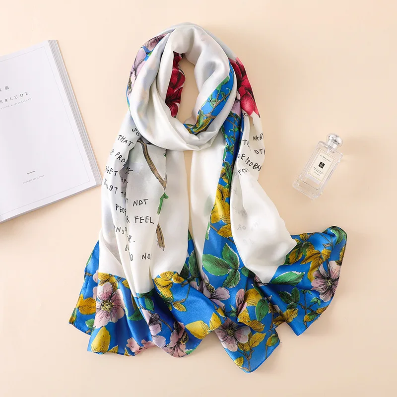 

2023 New Fashion Women Spain Luxury Brand Floral Silk Shawl Scarf Print Long Soft Bandana Pashmina Foulard Hijab Snood 180*90Cm