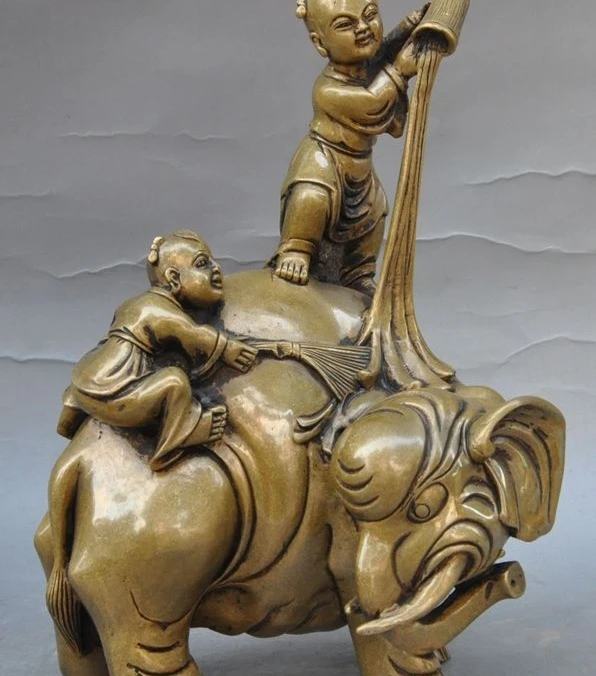 

9" Chinese Fengshui Folk Copper Boy Lad Gal Girl wash cleaning Elephant Statue