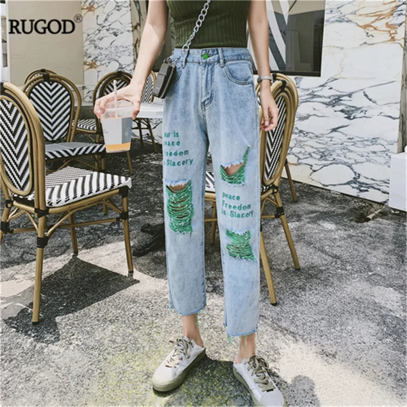 

RUGOD Chic Ripped Hole Jean Pants Women Fashion High Waist straight Denim Pants Streetwear Frayed Ankle Length Pants Plus Size