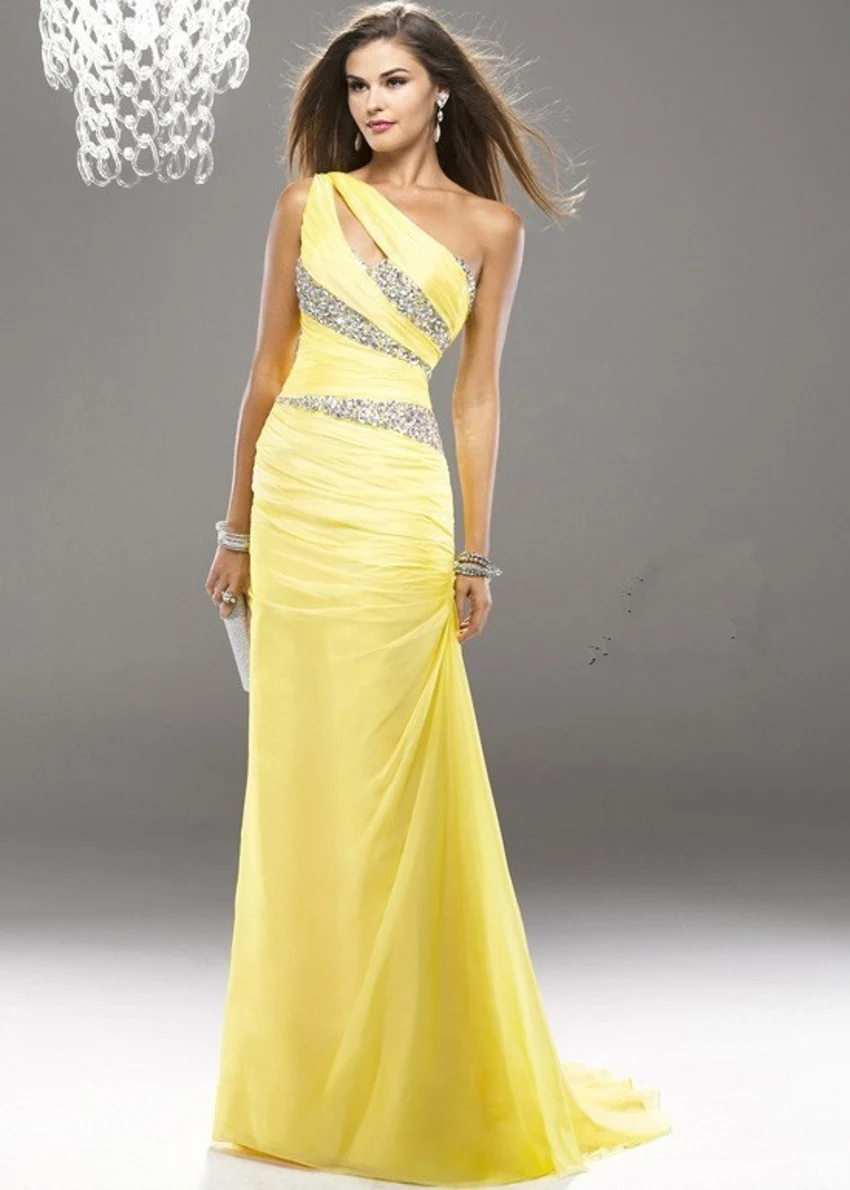 Sexy de Un Hombro Amarillo Brillante Largo de Dama de